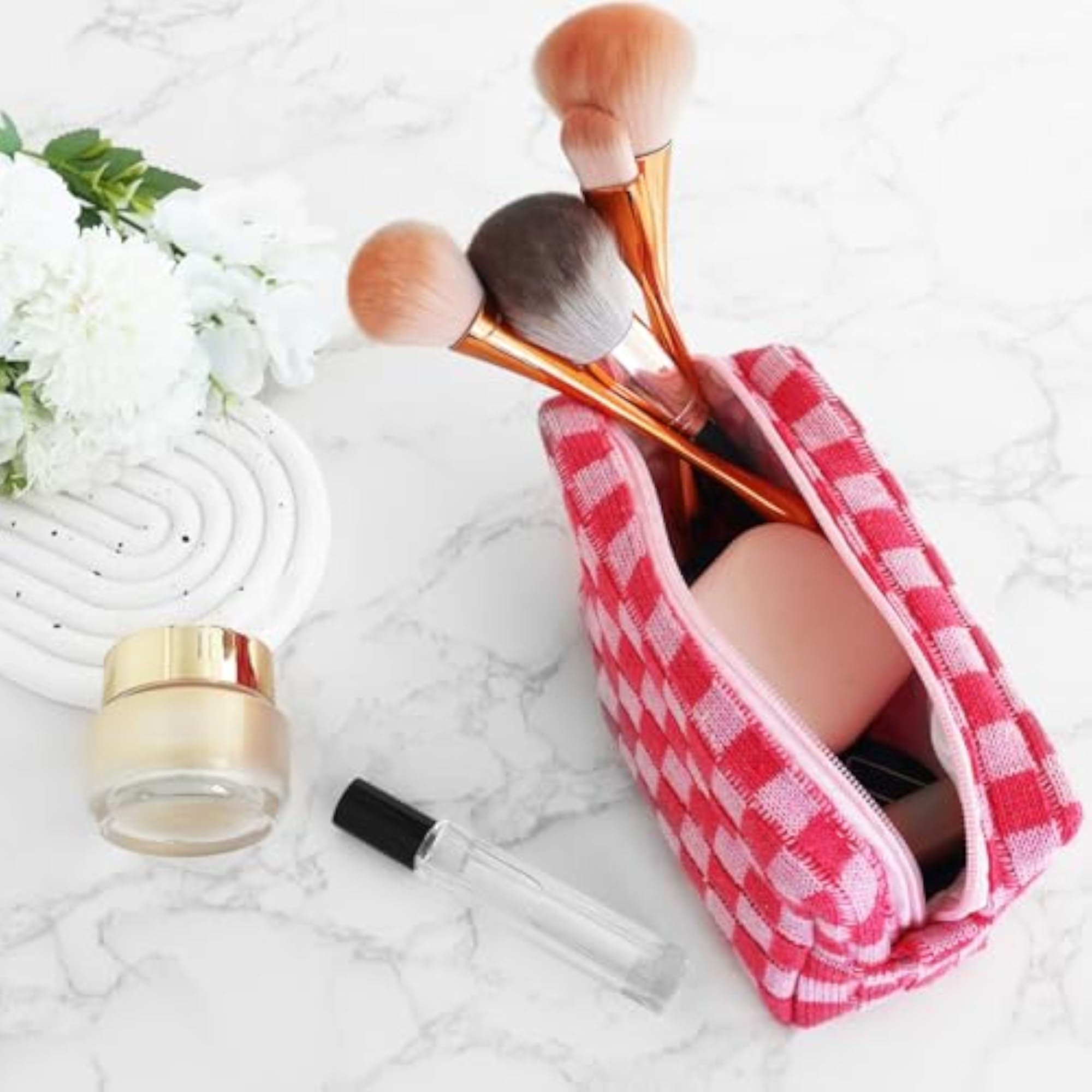 Checkered Makeup Bag for Women, Travel Toiletry Bags Set